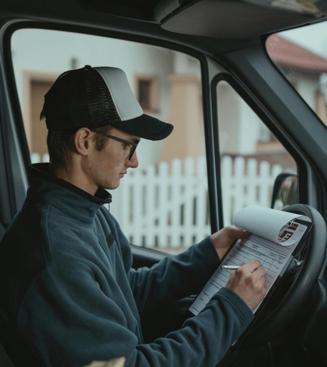Courier sitting in vehicle writing on clipboard, focused on logistics tasks.